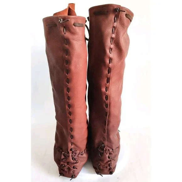 Ramble Leather Dark Brown Elk Deer Handmade Knee High Boots Size 10 Lace-Up Back - Picture 3 of 11